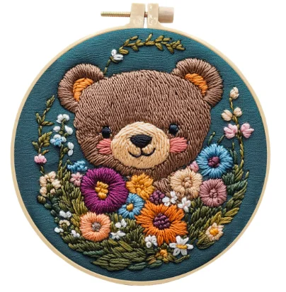 Flower and bear embroidery kit set with 15cm hoop simple three-dimensional embroider Ribbon set DIY needlework craft supplies