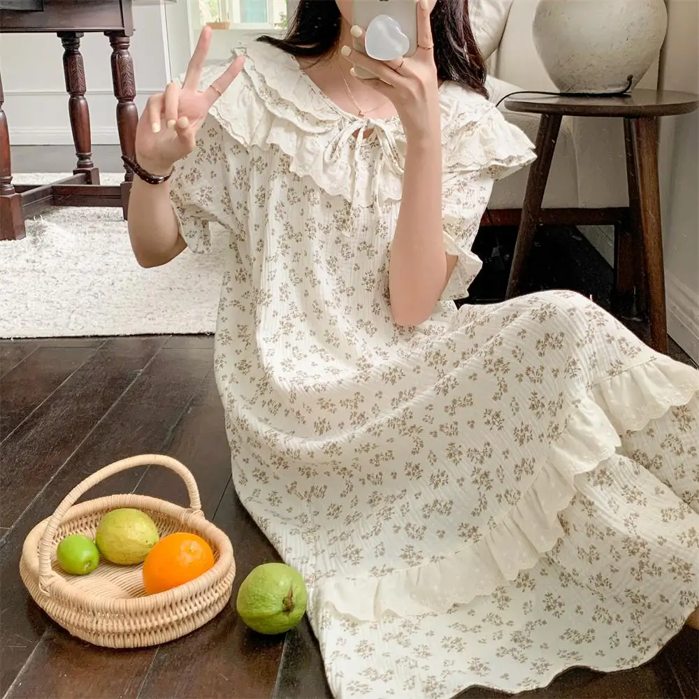 Soft Floral Print Flowers Flounce Short Sleeve NightDress Women Summer Cotton Sleepwear Ins Comfortable Casual Elegant Loose