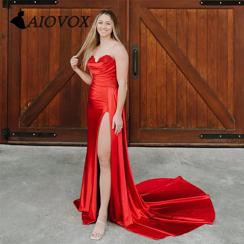 

AIOVOX Prom Dress Lace Appliques Sweetheart Satin Evening Gown Mermaid Elegant Ruched Court Train Vestido De Noche for Women