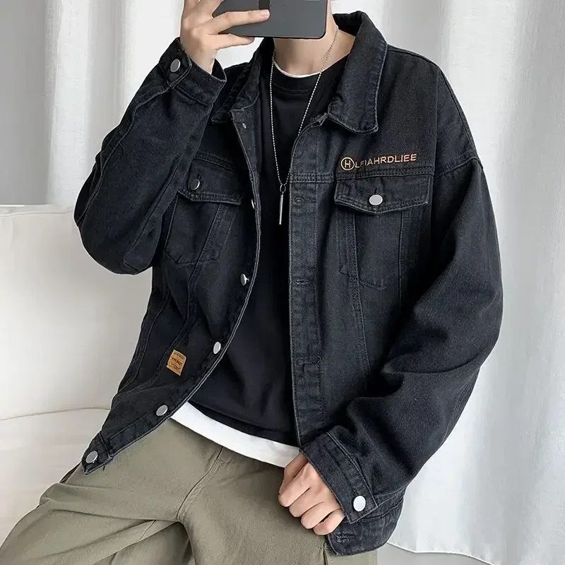 

Men's Denim Jacket Black with Embroidery Male Jean Coats Wide Sleeves Overcoat Trendy Menswear New in Winter 2023 Cowboy Y2k G