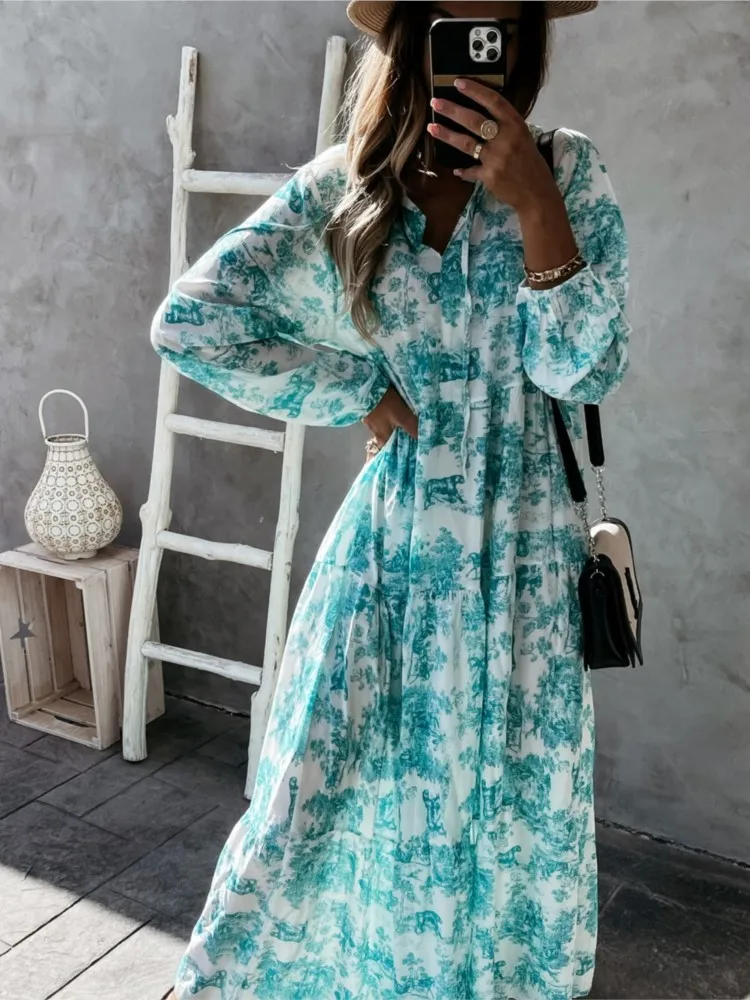 

2024 Printed Loose Dress Autumn Fashion Long Sleeve V-Neck Maxi Beach Dresses For Women Casual Vacation Vestidos Para Mujer