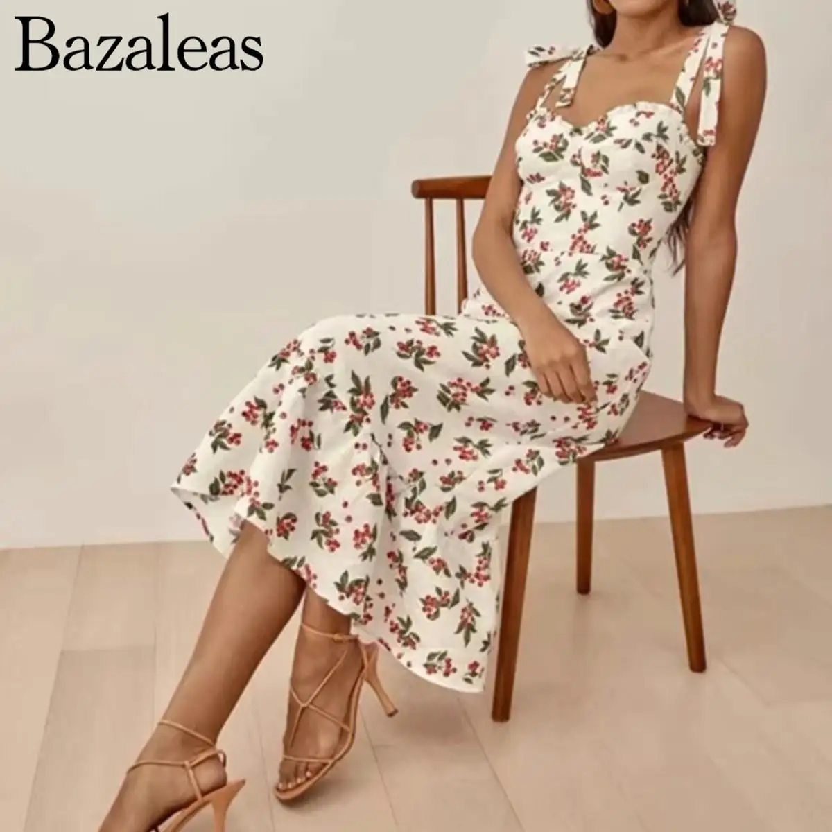 Store Traf Official Adjust Spaghetti Straps Dress Elegant Red Cherry