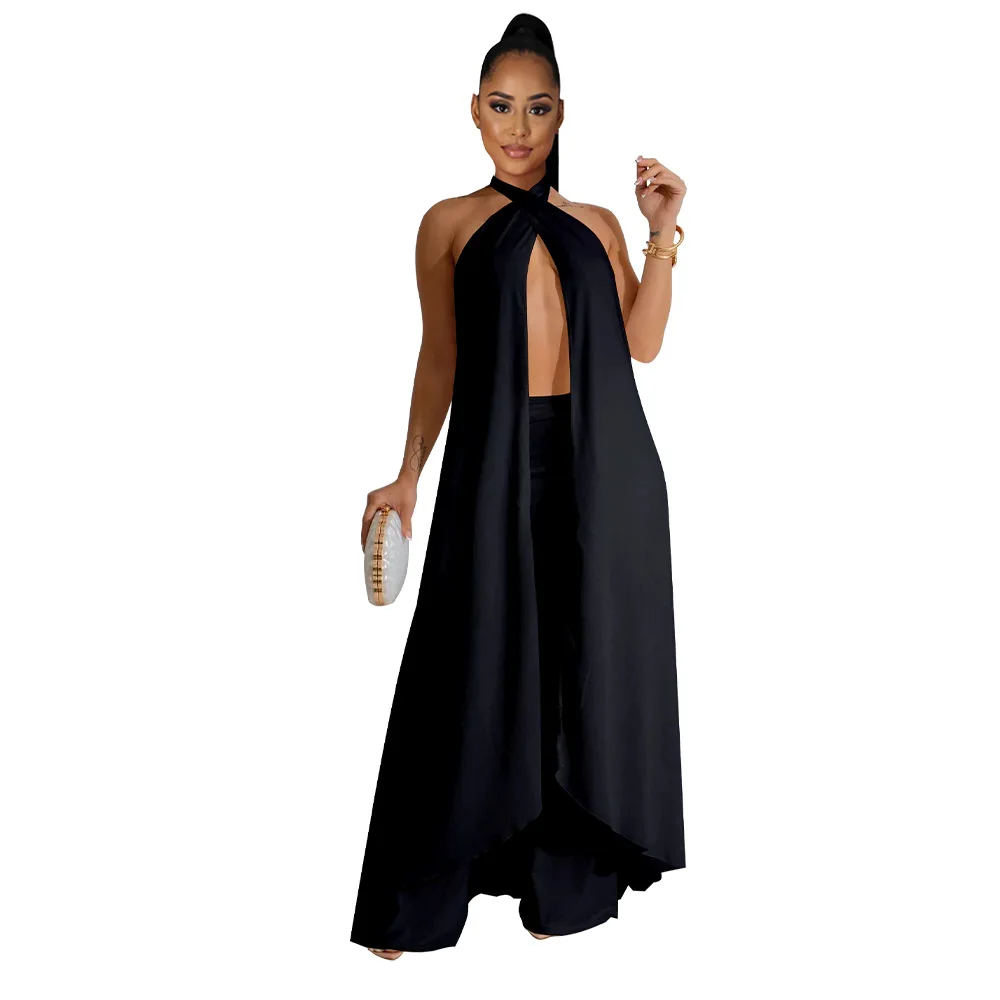 

Сексуальный Повседневный женский летний комплект из 2 предметов, женский костюм из топа с лямкой на шее и брюк с широкими штанинами, женский костюм из двух предметов для клуба