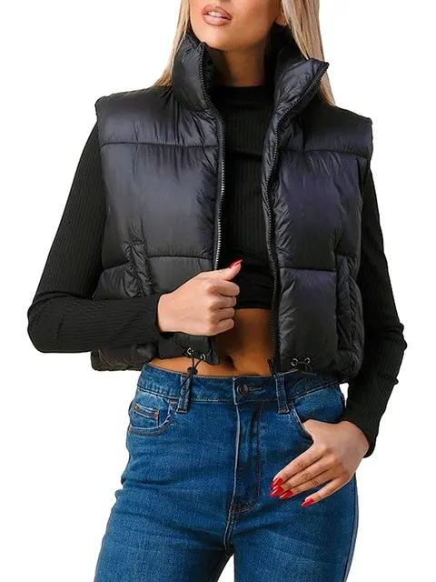 Women’s Padded Vest Sleeveless Solid Color Zip Up Crop Puffer Gilet Winter Warm Quilted Coat Outwear