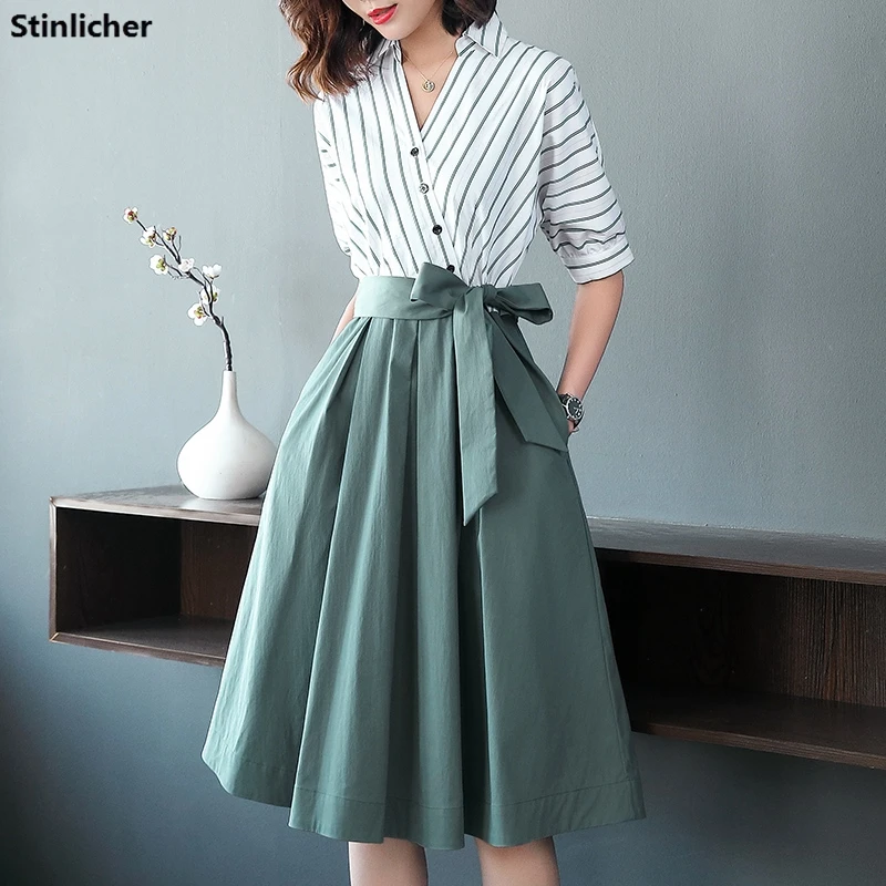 

Striped Shirt Dress Women Elegant Office Ladies OL Midi Work Tunic Dress Korean Fashion Bow Sashes Bandage Big Swing Dresses New