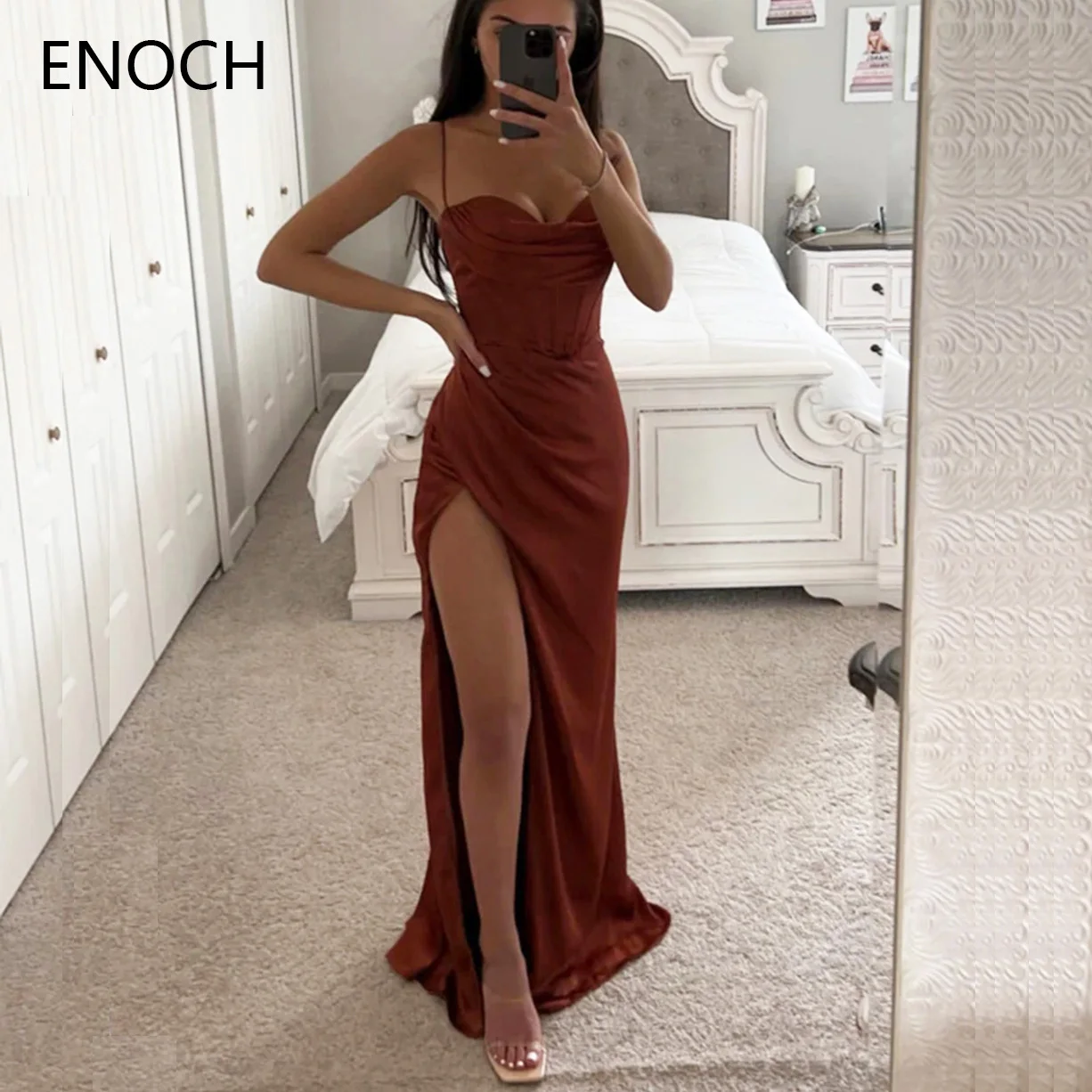 ENOCH Sexy Side Slit Mermaid Evening Dress New Spaghetti Straps Sweetheart Backless Satin Party Prom Formal Gowns فساتين الحفلات