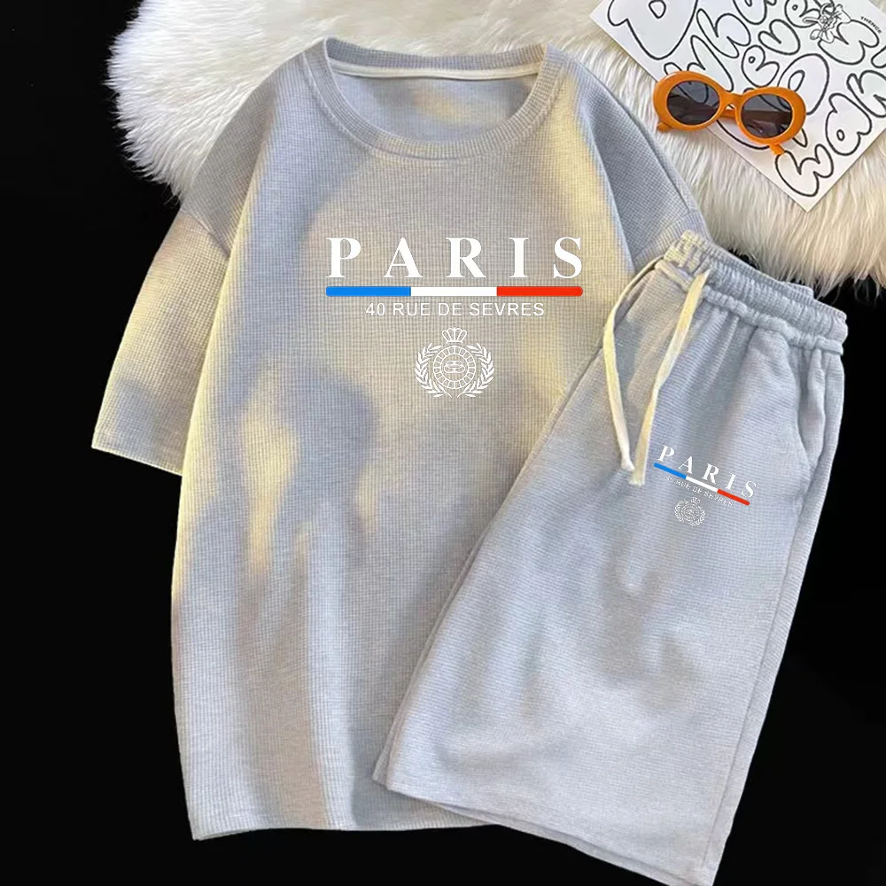 thumbnail image 1 of Conjunto de dos piezas de marca de verano con diseño de gofres para hombre, camisetas, pantalones cortos, traje deportivo para correr, conjunto de 2 piezas, chándal informal, ropa de calle, conjunto d, 1 of 5