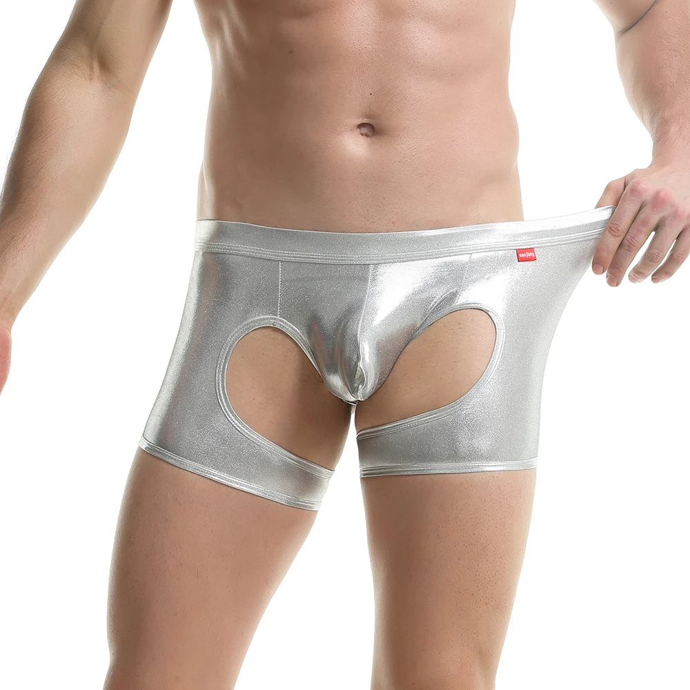 Men Underwear Sexy Mens Boxer Shorts Fetish Faux Leather Hollow Out Latex Gay Boxershorts Briefs Bugle Pouch Panties Thongs Trunks Clubwear