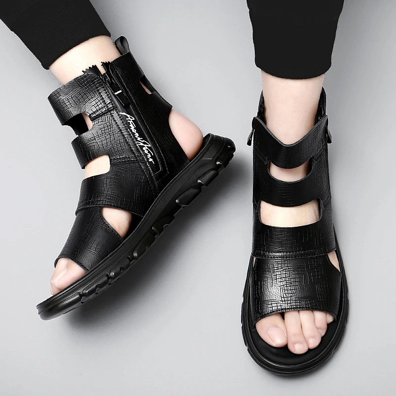 

Summer Men's Shoes New Fashion Designer High Top Roman Men Sandals Genuine Leather Non-slip Outdoor Soft-soled Casual Sandals