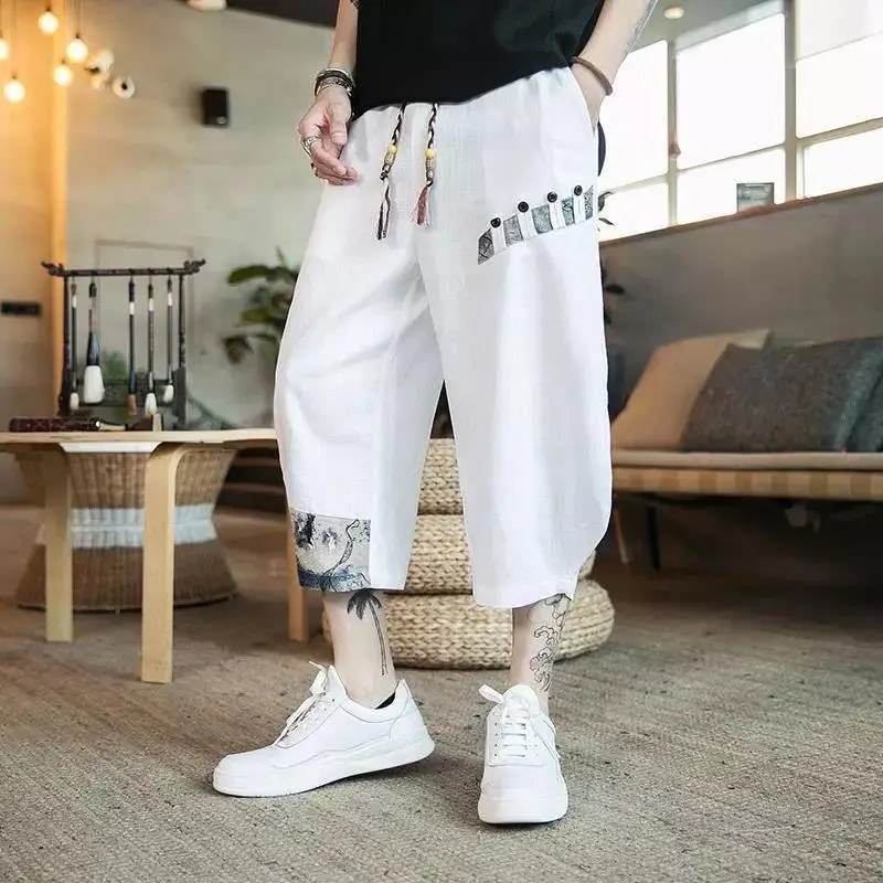 Summer Men's Clothing Loose Oversized Thin Fashion Casual Printed Spliced Button Pocket Elastic Waist Wide Leg Cropped Shorts