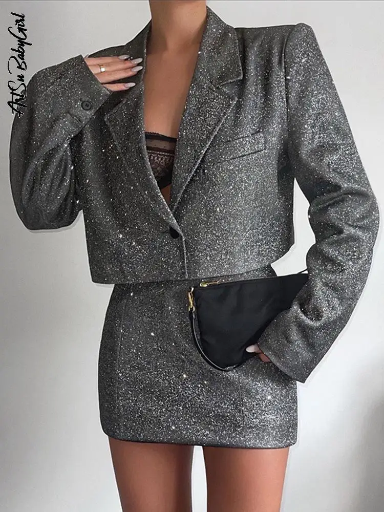 Black Cropped Blazer Skirt Set Blazer Mini Skirt Two Piece Skirt