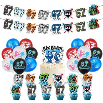 Funny 67 Six Seven Party Decorations, 67 MemeThemed Party Decorations Set Includes Banner, Cake Topper, Cupcake Toppers, Ballon 1