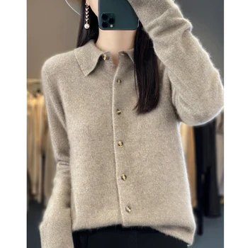 여성용 라펠 순모 가디건, 메리노 캐시미어 스웨터, 긴팔 포멀 뜨게 탑 S-XXL, 가을 및 겨울 신상