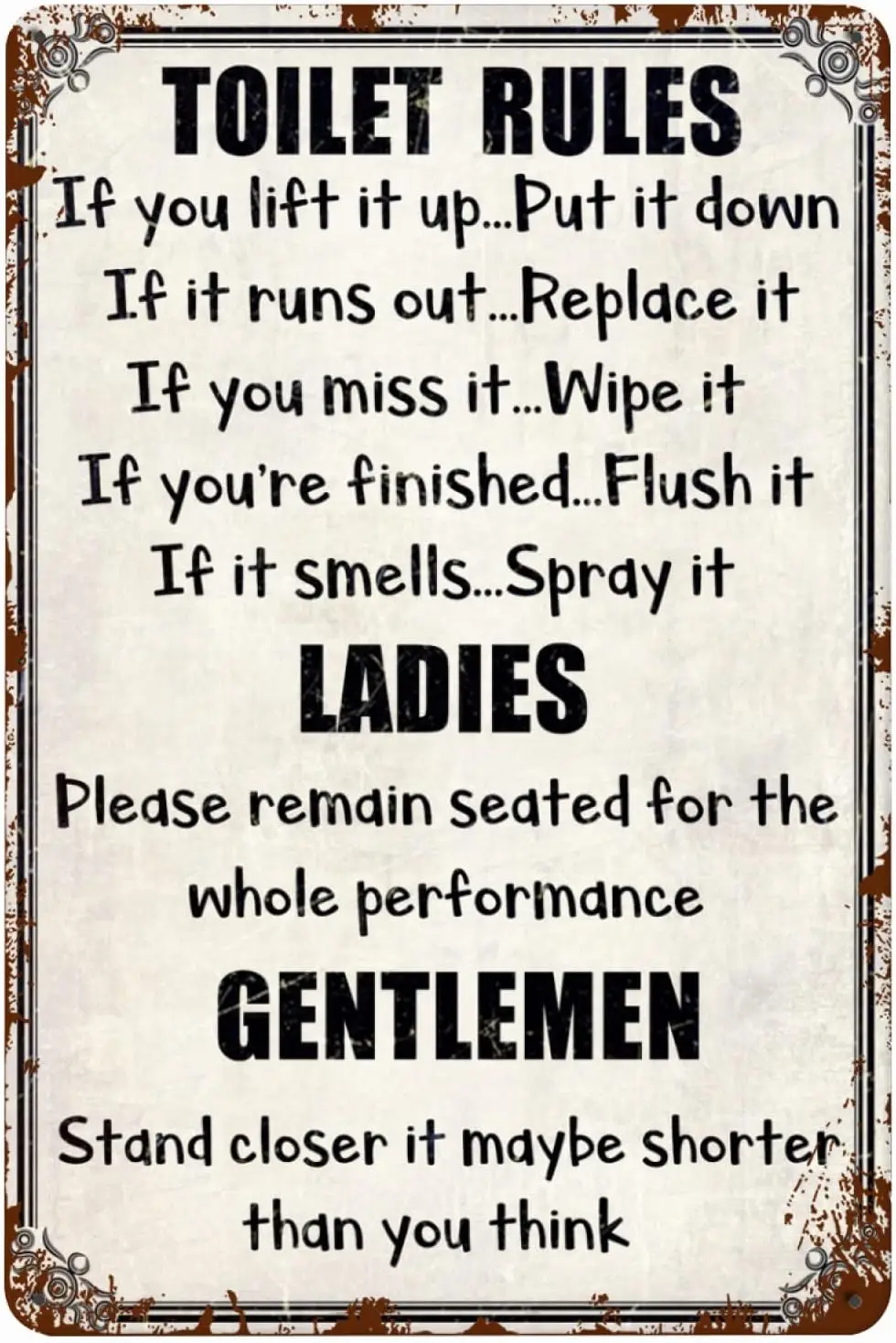 

Toilet Rules Vintage Metal Sign Funny Bathroom Decor for Bar Cafe Pub Home - Ladies and Gentlemen - Best Toilet Wall