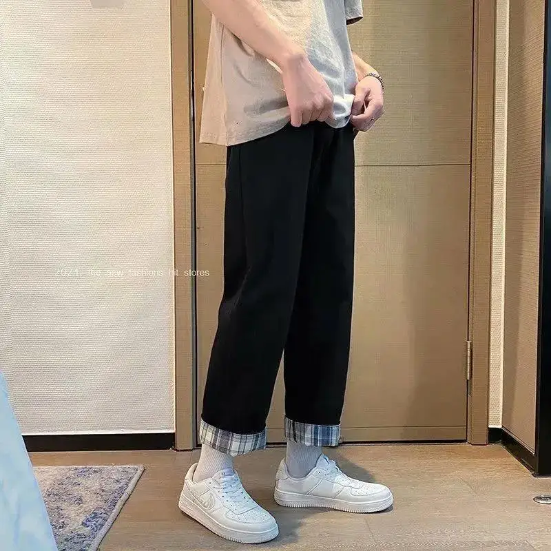 2023 New Men's Clothing Harem Mid Waist Loose Drawstring Spring Cropped Pants Casual England Solid Color Pockets Trousers