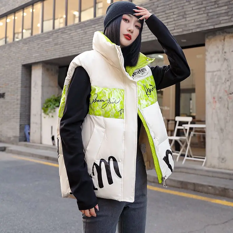 

Down Cotton Vest Jackets Women Autumn Winter Patchwork Letter Print Stand Collar Duck Down Waistcoat Lady Fashion Outerwear Tops