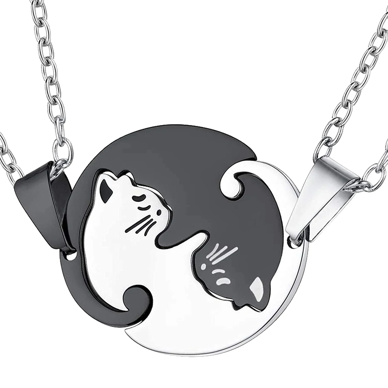 Colliers de Couple deux chats, bijoux en acier inoxydable, noir et blanc, pendentif Animal chaton, ras du cou, cadeau d'amitié pour amoureux_voghion.com