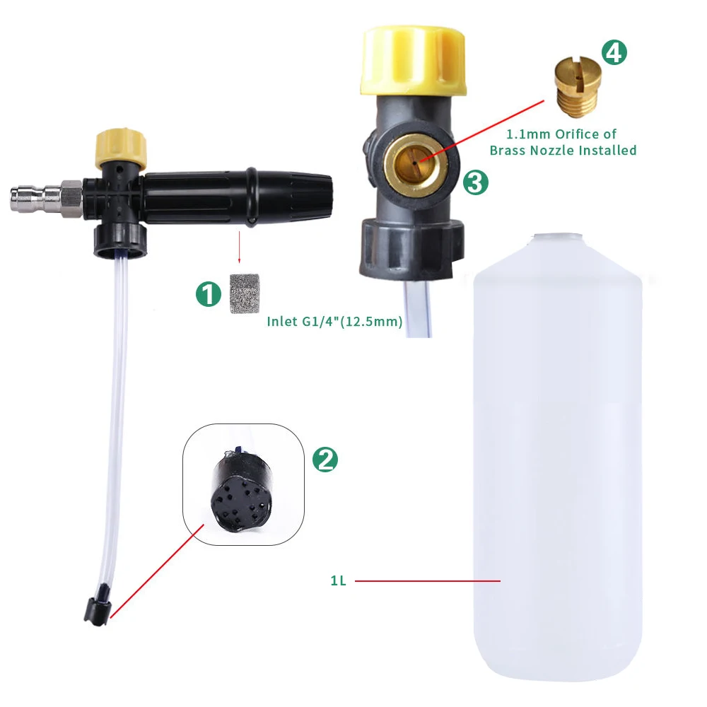 1L 세차용 스노우폼 포트 키트, 고압 세차기 액세서리 1/4 퀵 커넥트 및 조절 가능한 노즐