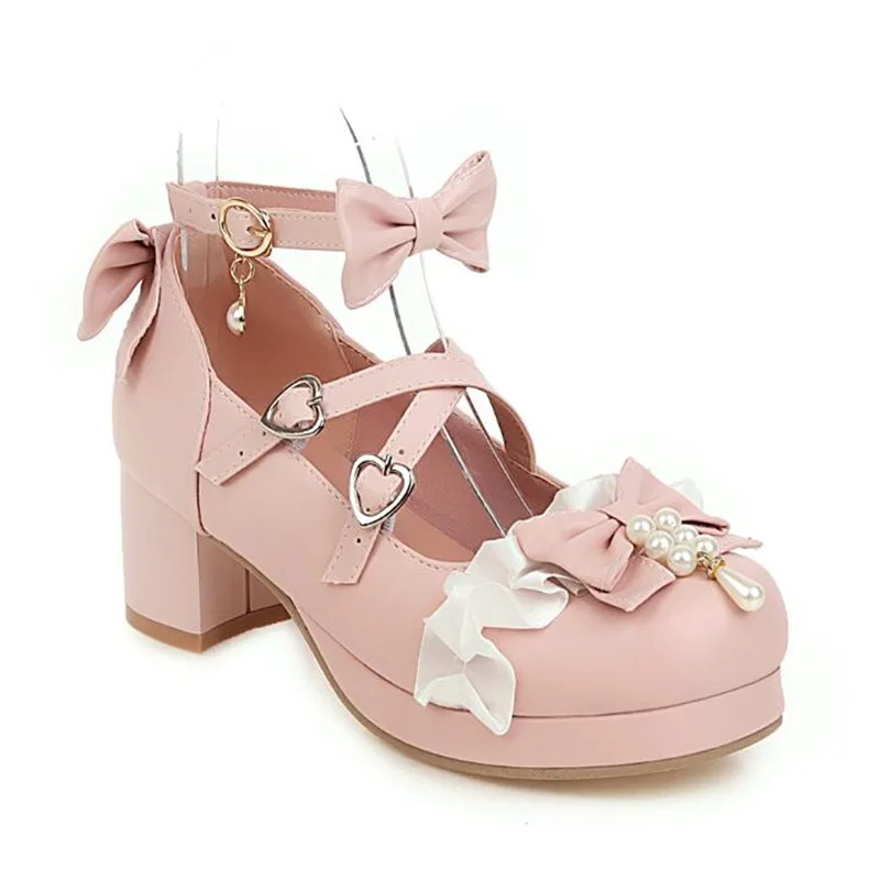 

Lolita Girls High Heel Shoes Bowknot Princess Ruffles Japan Sweet Bride Wedding Party Dress Shoes Women Pumps Plus Size 34-46