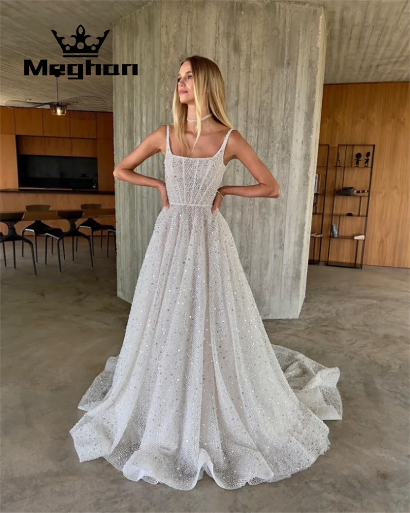 

White Sparkly Square Neck Wedding Dresses Beaded Pearls 2023 Sequined Bridal Gown High Slit Evening Dress Princess Ball Gowns