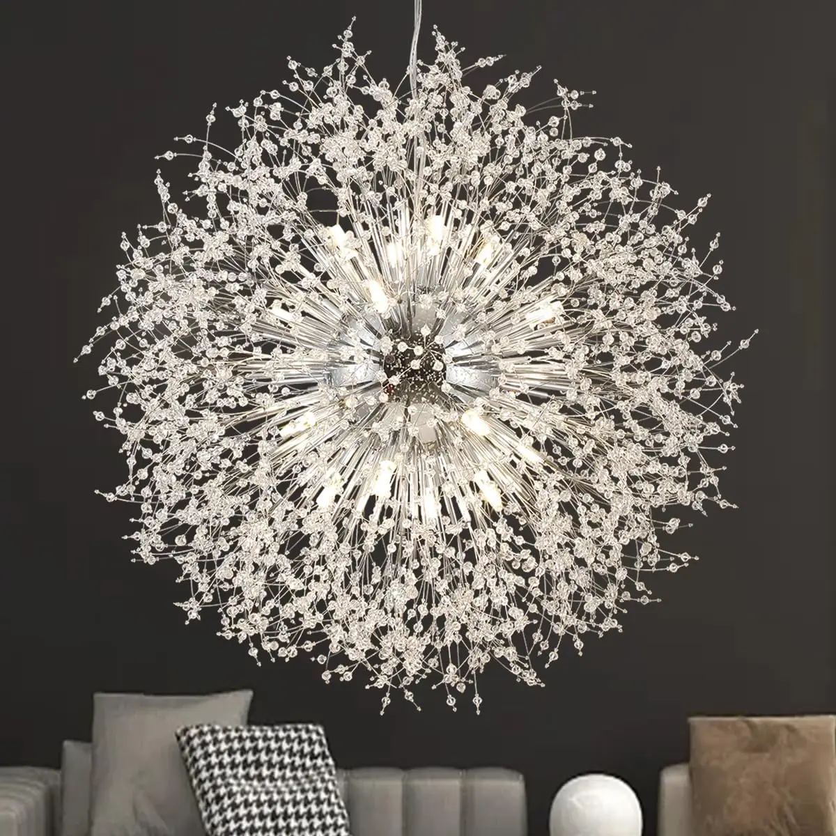 

Camastar Large Fireworks Crystal Chandeliers, 24-Light Chrome Dandelion Pendant Chandelier, 120W Modern Sputnik Starburst