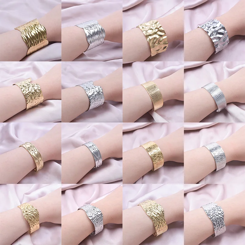 Punk Bracelets Gold Plated Hammered Cuff Open Wide Bracelets Punk Chunky Stainless Steel Bangles Ethnic Jewelry Gifts for Women 2