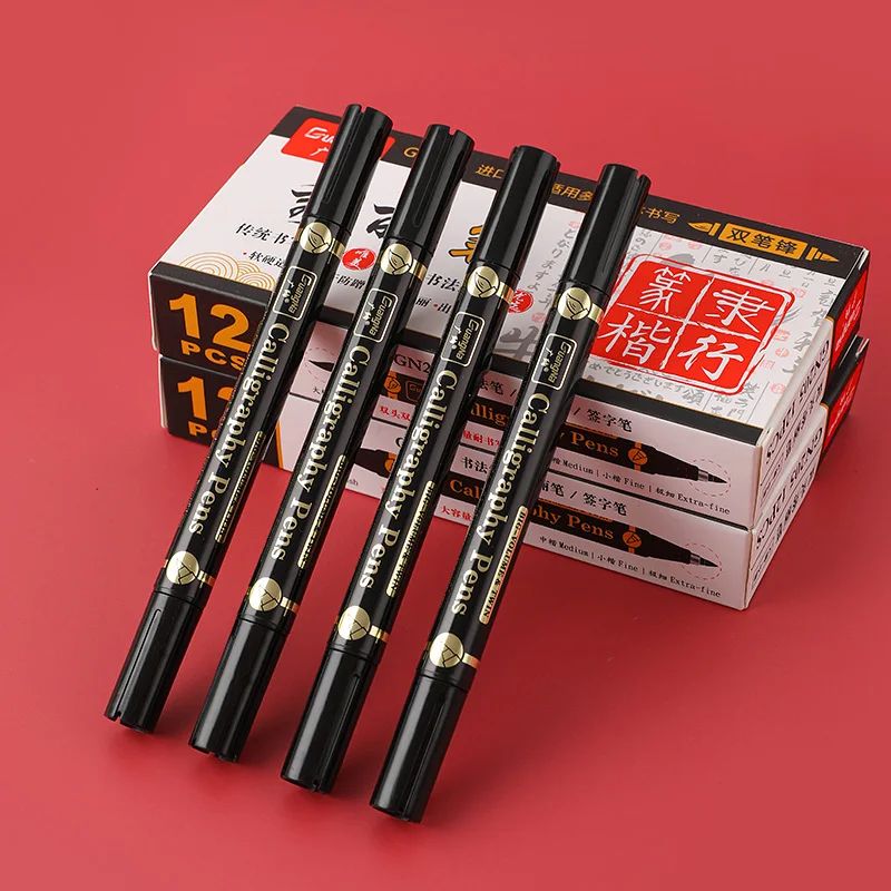 

3pcs Double head Hand Lettering Pens Chinese Calligraphy Brush Pens Set Art Markers Black Ink 4 Size for Beginners Writing