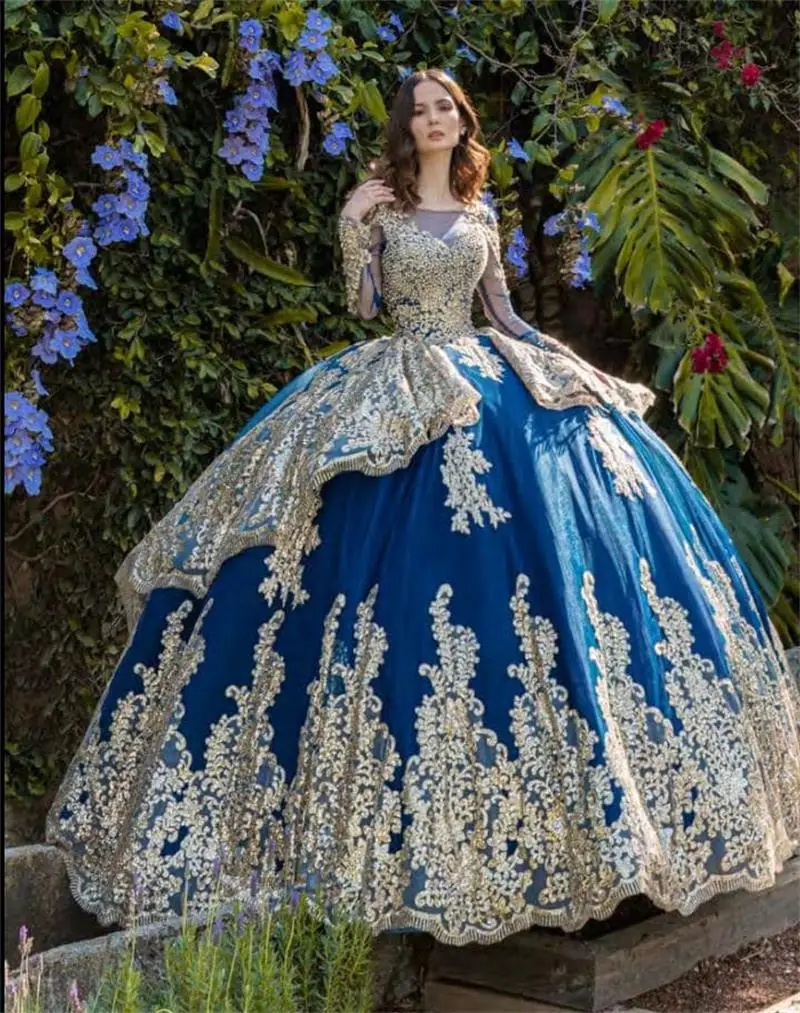 

2022 Blue Quinceanera Dresses Long Sleeve Gold Lace Appliqued Sequined Bead Mexican Sweet 15 Gowns Puffy Skirt Vestidos 16 Anos