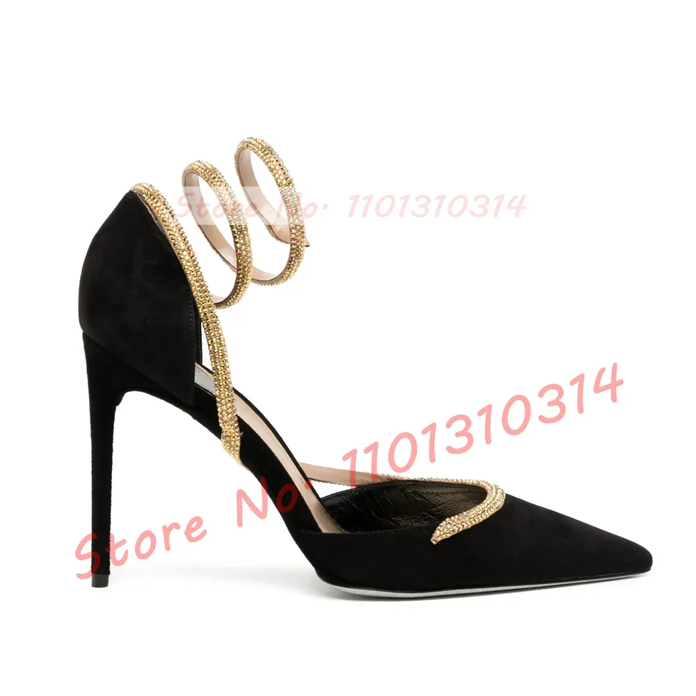 Gold Kristall Schlangen wickel Samt Pumps Damen trend ige elegante schwarze  spitze Zehen echte Leders andalen High Heels Abendkleid Schuhe - AliExpress, image size:1000x1000