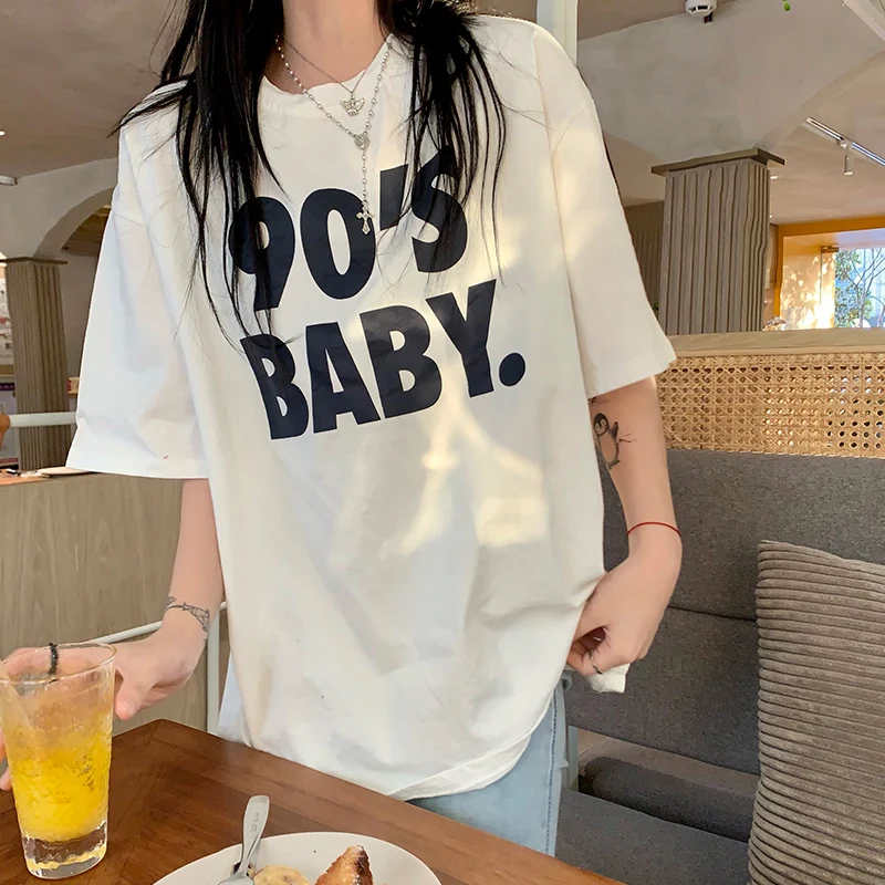 

Женские корейские винтажные футболки в стиле Харадзюку с надписью Ins, женские футболки, топы, японская кавайная одежда Ulzzang для женщин