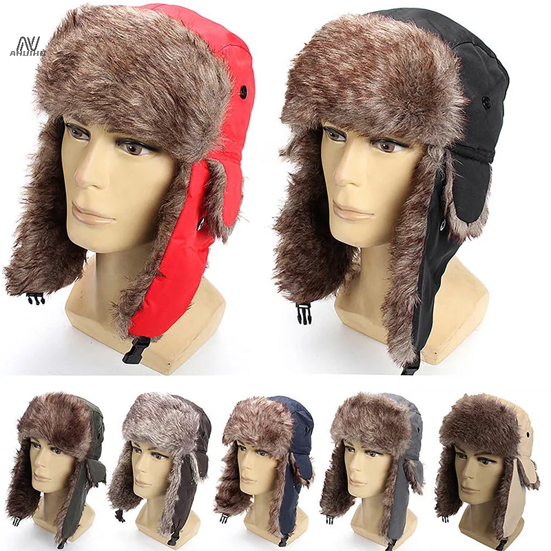 

Unisex Winter Warm Beanie Black Earflap Hats Men Trapper Aviator Trooper Thicker Flaps Ski Hat Solid Russian Thermal Bomber Cap