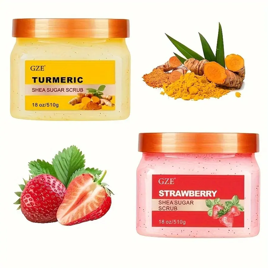 GZE 에센셜 바디용 망고 레몬 스크럽, 블루베리 딸기 심황 쉬어 슈가 스크럽, 18 oz, 수화 및 각질 제거 스크럽 