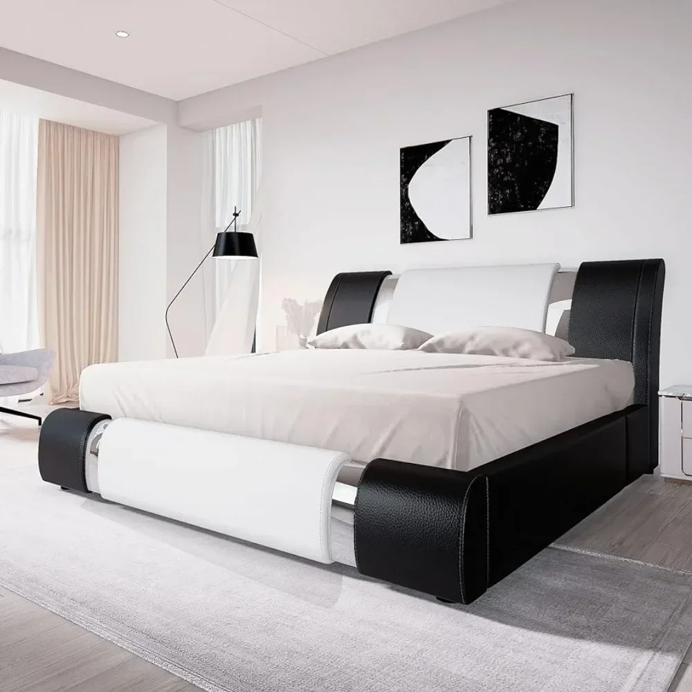 Description Picture 2 of itemBed Frame with Iron Plate Upholstery with Adjustable Headboard and Sturdy Wooden Slats , Leatherette Upholstered Platform Bed