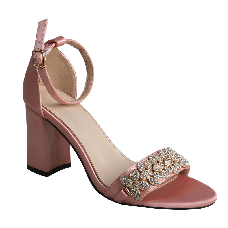 

Block Thick Heel Sandals Lady Satin Evening Dress Shoes with Metal Crystal chain Trim Ankle Strap High Heels Wedding Shoes Party