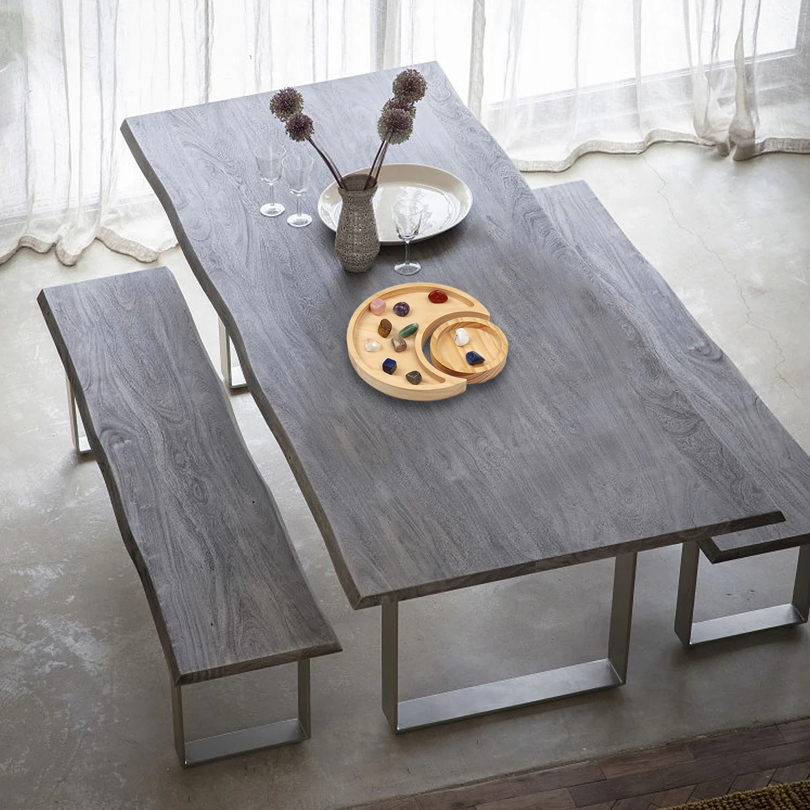 Wooden Trinket Tray Moon Shaped Decorative Make Up Box Jewelry Necklace Storage Display Panel Tray Solid Home Dec