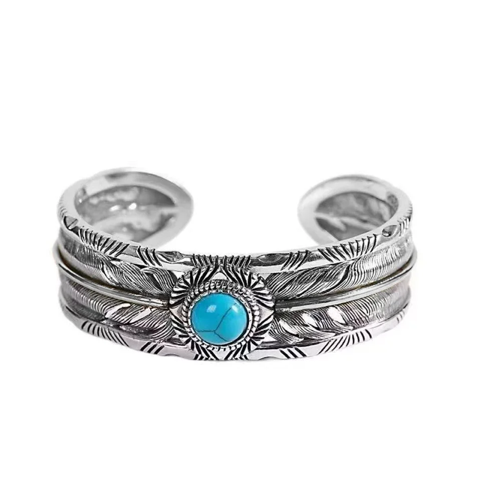Silver Plated Turquoise Feather Wings Open Bracelet Men Domineering Cuff Bangles Women Fashion Party Jewelry Gift bangle bracelet