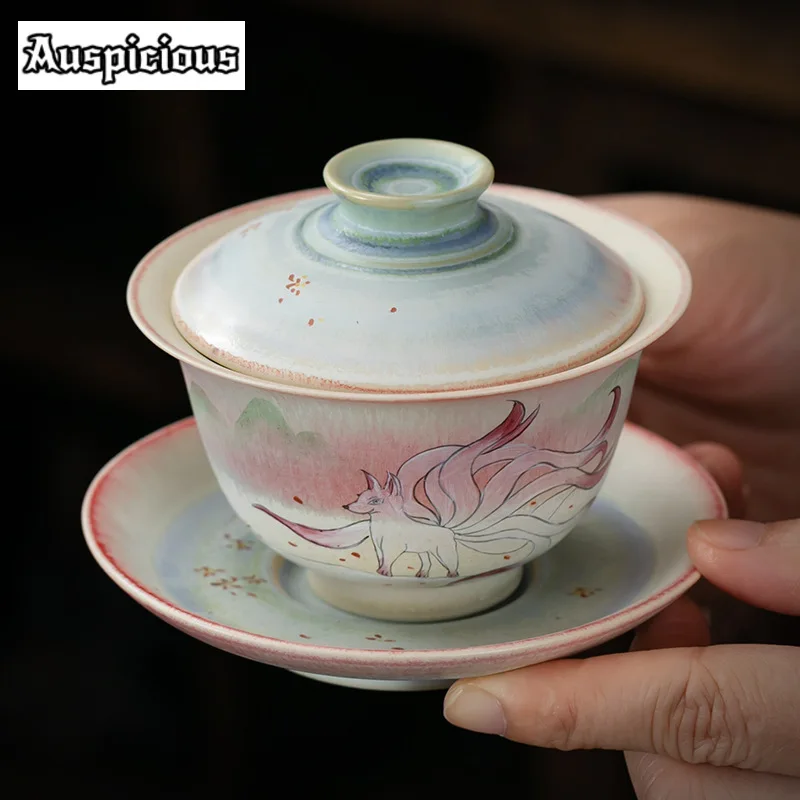 150ml Hand-painted Nine-tailed Fox Gaiwan Jingdezhen Kiln Change Wood-fired Porcelain Tea Tureen Tea Maker Cover Bowl Collection