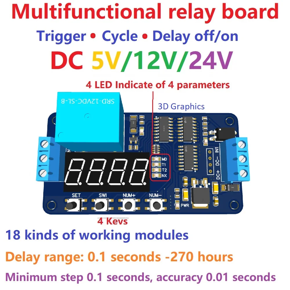 

DC 5-24V Multifunction Timer Delay Relay Module Simple PCL Board for Fish Tank Motor Fan Fridge Smart Home