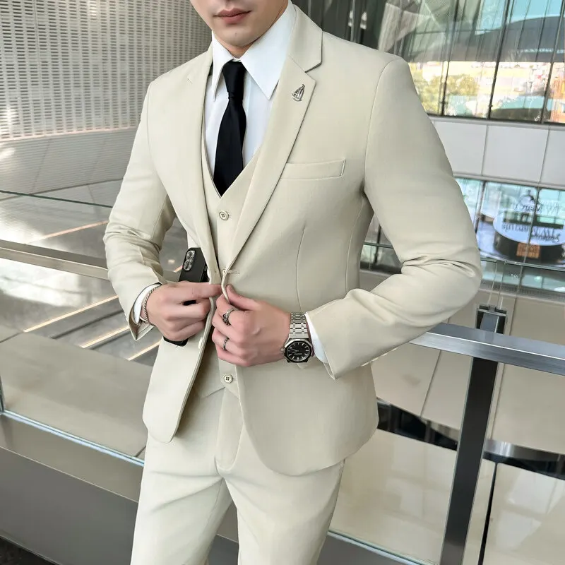 Men Suit Set (blazer+ Vest +pants) Fashion Business Casual Hosts A Solid Color Slim-fit Gentleman's Wedding Suit Plus Size M-7XL