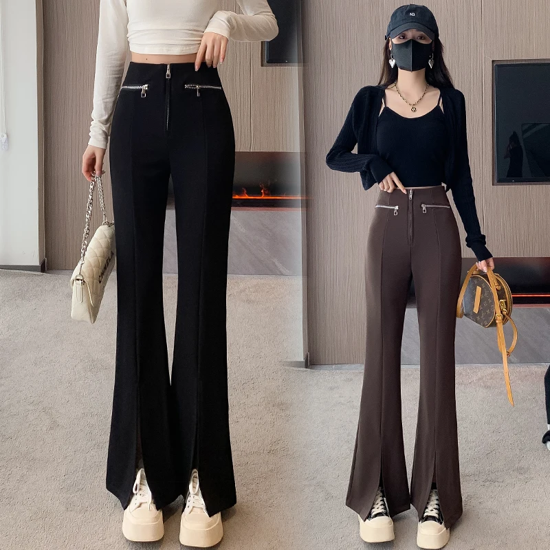 

Chic Ladies Wear Fit Split Hem Bell-bottoms Pants Women OL High Waist Zipper Fly Trousers Female Streetwear Clothes Vy8293