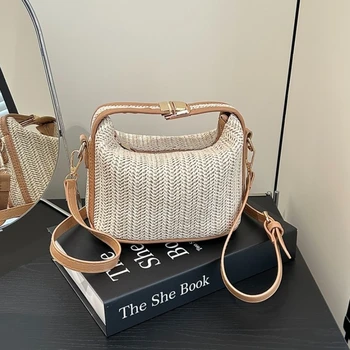 Borsa a tracolla in paglia per donna Nuova borsa estiva piccola lavorata a maglia bohémien e borsetta Borse da spiaggia a secchiello per le vacanze all'aperto 1