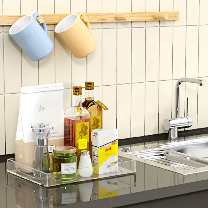 Acrylic transparent tray with handle -13.7 x 11 inches, storage tray for cosmetics and toiletries,kitchen fruit,snacks,and meals 4