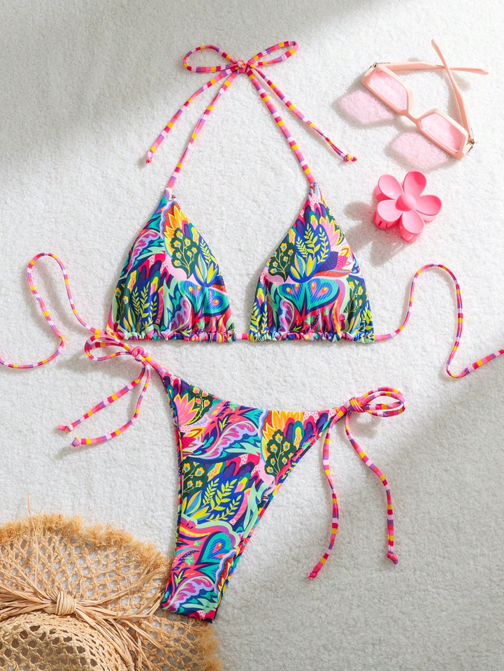 women's high-quality split swimsuit colorful print sexy waist cinched waist skinny seaside hot spring resort swimsuit