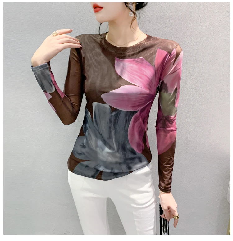 thumbnail image 1 of S-4XL Otoño Invierno camiseta de malla de doble capa estampado femenino posicionamiento flor manga larga cuello redondo Top ajustado FF0923, 1 of 5