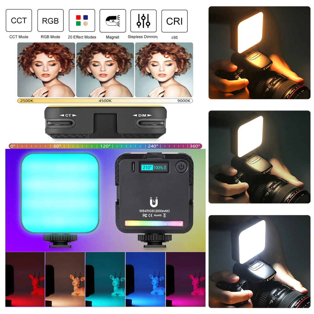 W64RGB 비디오 라이트 휴대용 사진 카메라, 2500K-9000K 조명, 콜드 슈, 카메라 폰 셀카 라이브용 20 색 조정