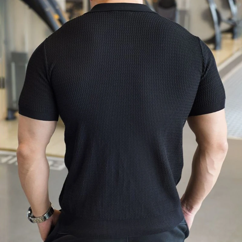 Men's Knitted Business Polo Shirt Summer Ice Silk Breathable Elastic Slim Fit Solid Color Lapel Short Sleeve Knitted T-Shirt Top