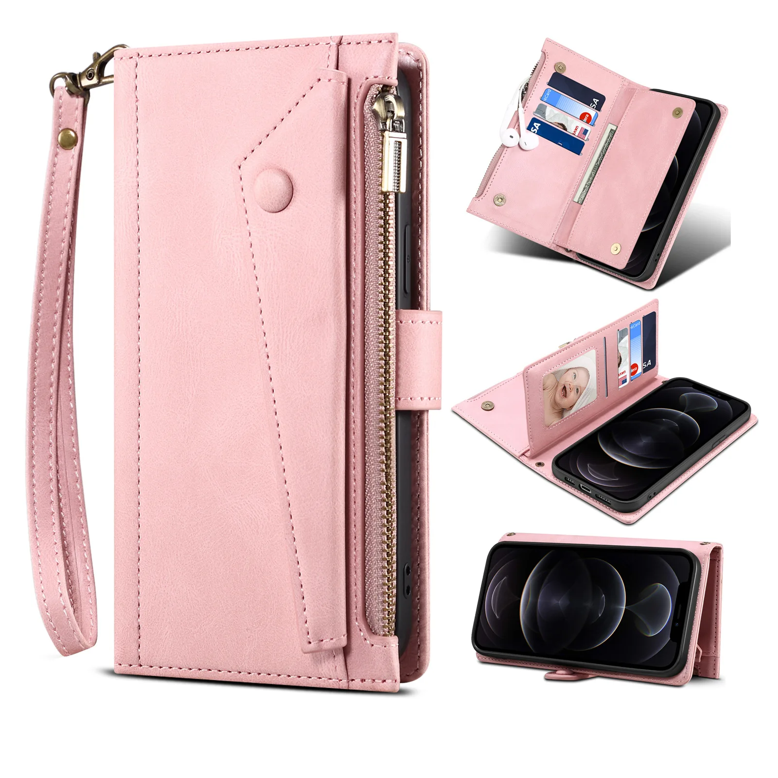 Luxury Leather Crossbody Zipper Wallet Case with Lanyard and Multi Card Slots