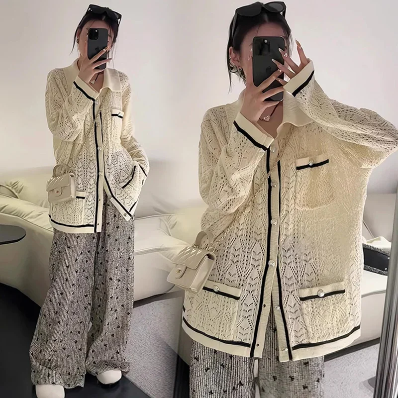 Spring Autumn Maternity Knit Jacket Long Sleeve Turn-down Collar Single-breasted Hollow Out Knitted Coat Pregnancy Loose Outwear