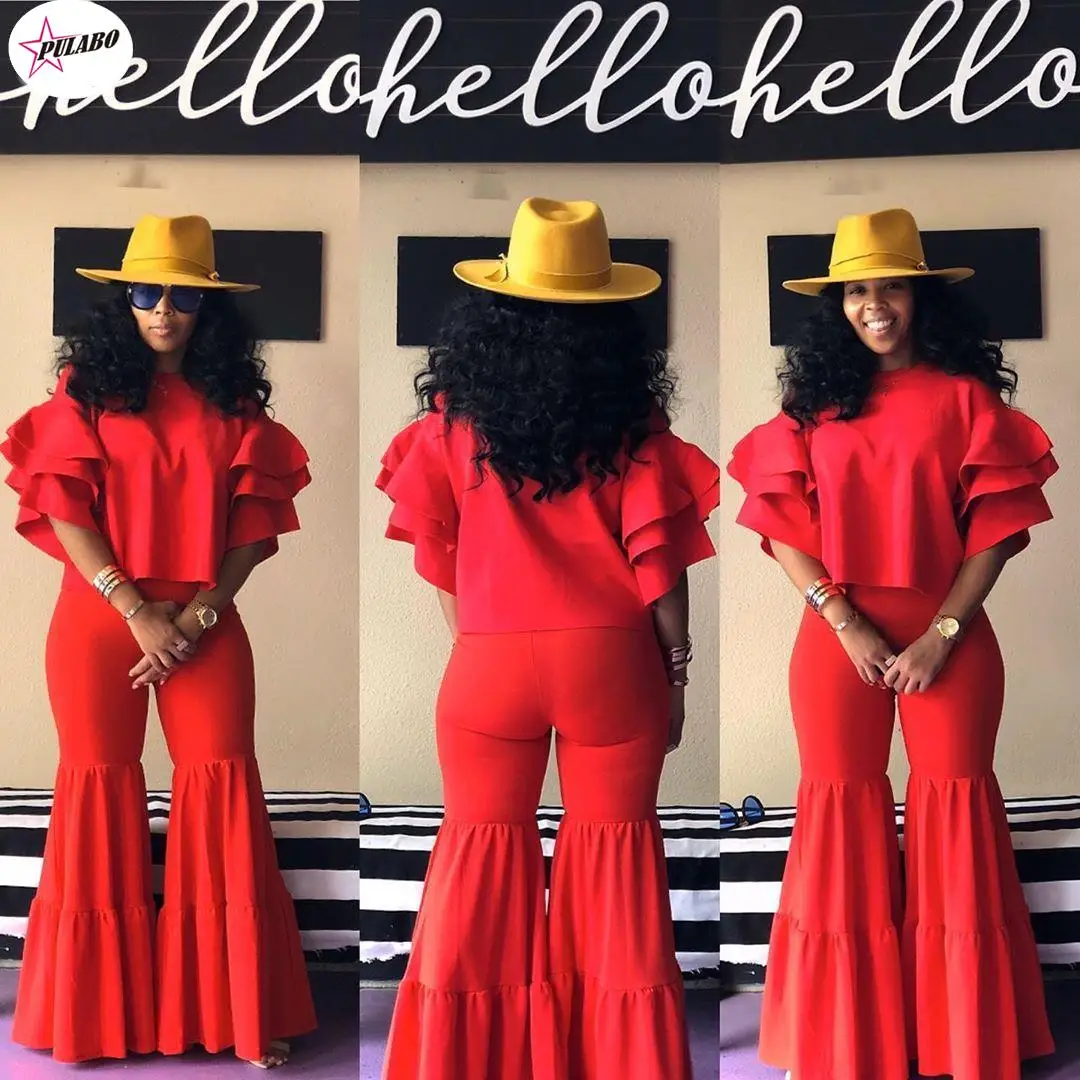 

Женский облегающий комплект из двух предметов, красный однотонный повседневный комплект-карандаш с оборками, круглым вырезом и коротким рукавом, в полную длину, y2k