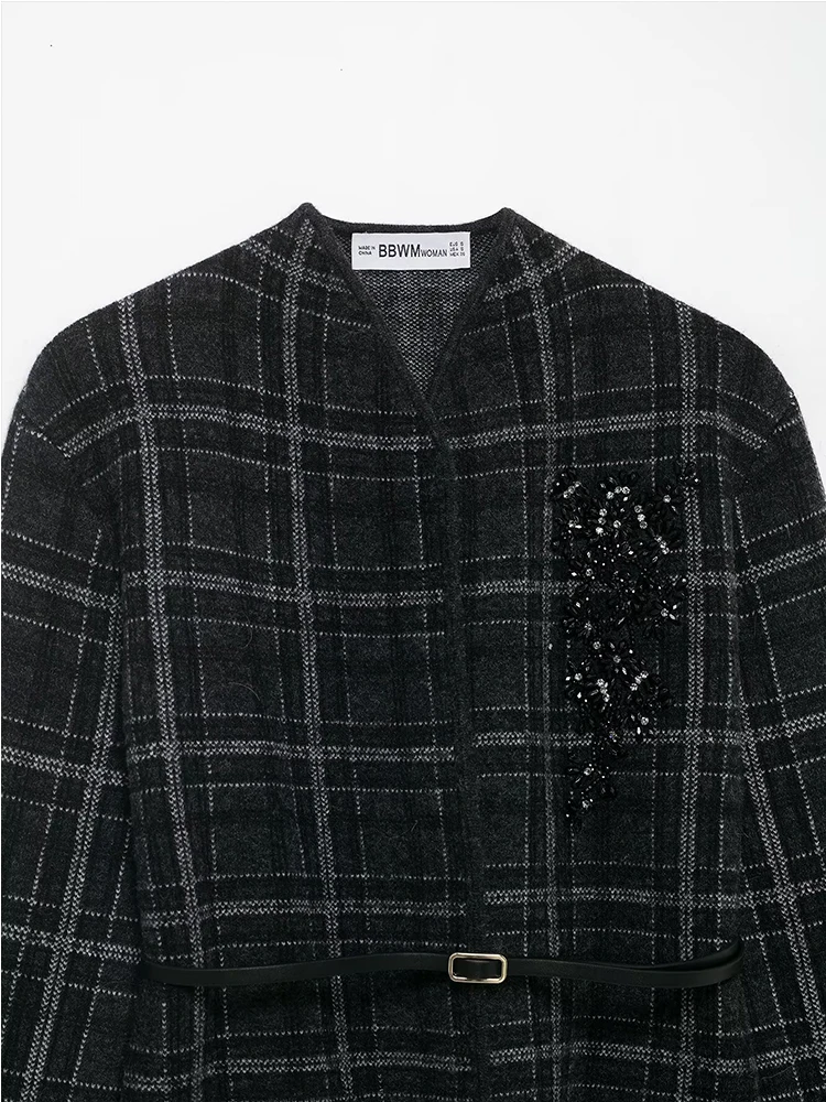 Women Check Knitted Jacket 2025 Autumn Winter Women's Coat Long Sleeve With Belt Jackets Female Streetwear Casual New Outerwear